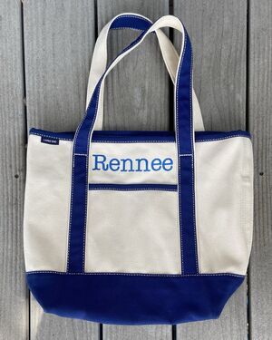 Lands’ End Rennee Medium Canvas Boat Tote Bag Blue Trim Inside Pockets